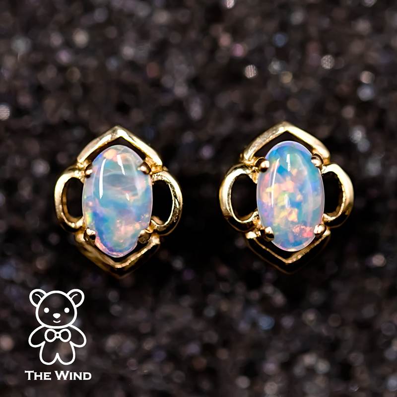 Flower Design Australian Solid Opal Stud Earrings 14k Yellow Gold