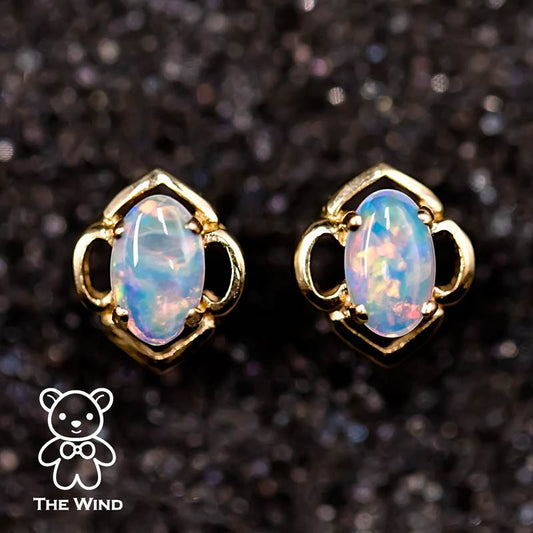 Flower Design Australian Solid Opal Stud Earrings 14k Yellow Gold