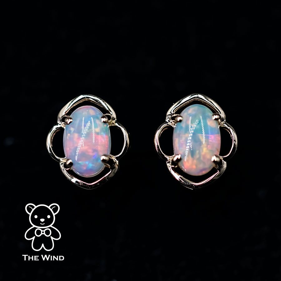 Flower Design Australian Solid Opal Stud Earrings 14k Yellow Gold