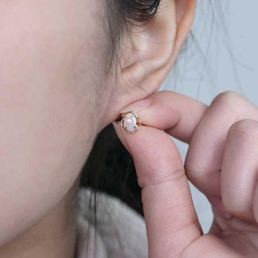 Flower Design Australian Solid Opal Stud Earrings 14k Yellow Gold
