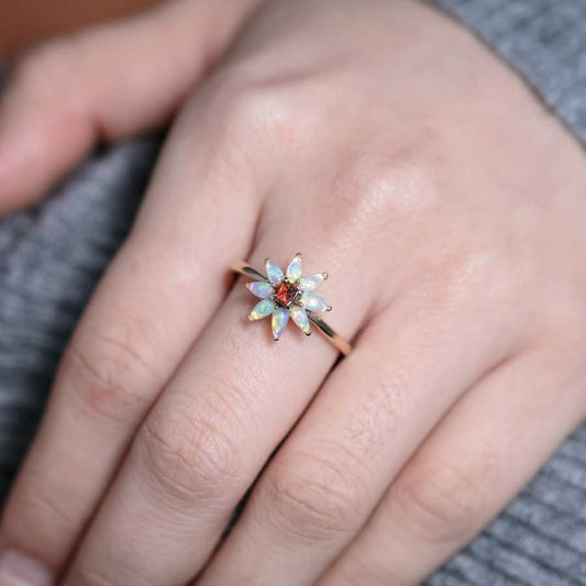 Flowers Design Boulder Opal Engagement Ring 14K Yellow Gold