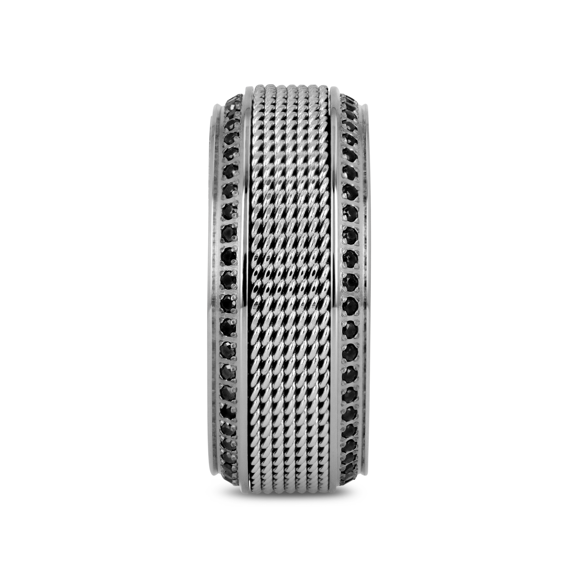GAUNTLET Steel Chain Titanium Wedding Ring Polished Beveled Edges Set with Round Black Diamonds - 10mm