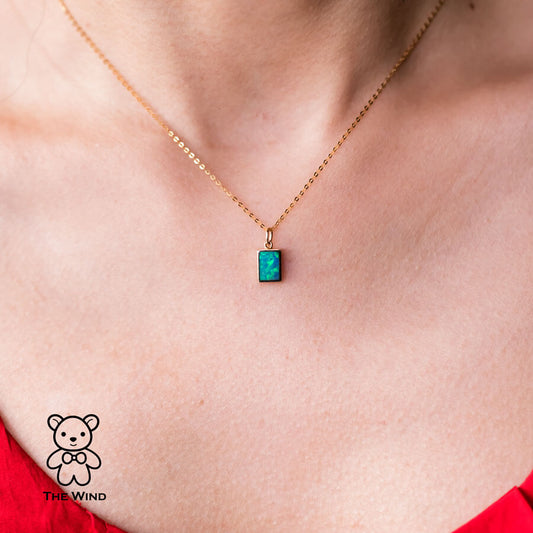 Geometric Pattern Rectangle Australian Doublet Opal Necklace 14k Yellow Gold