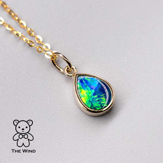 Geometric Pear Shaped Australian Doublet Opal Pendant 14k Yellow Gold