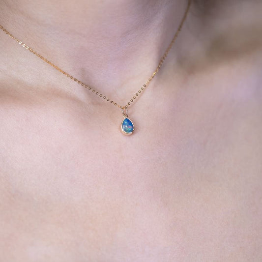 Geometric Pear Shaped Australian Doublet Opal Pendant 14k Yellow Gold