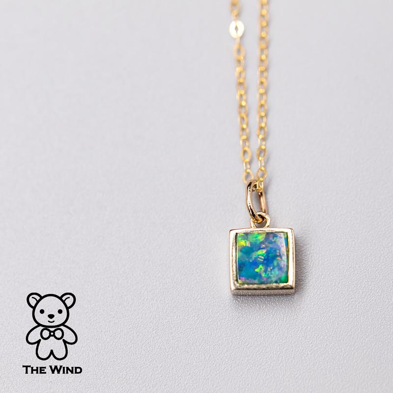 Geometric Square Shaped Australian Doublet Opal Pendant 14k Yellow Gold