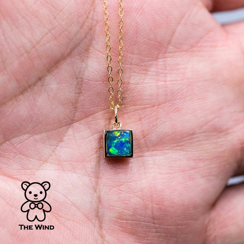 Geometric Square Shaped Australian Doublet Opal Pendant 14k Yellow Gold