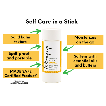 Lotion Stick image with product features like spill proof and portable moisturizer