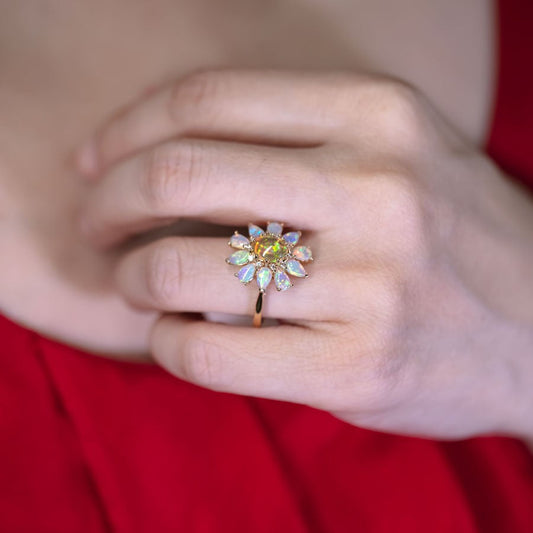Golden Dahlia – Fire Opal & Australian Opal Floral Diamond Engagement Ring in 18K Yellow Gold