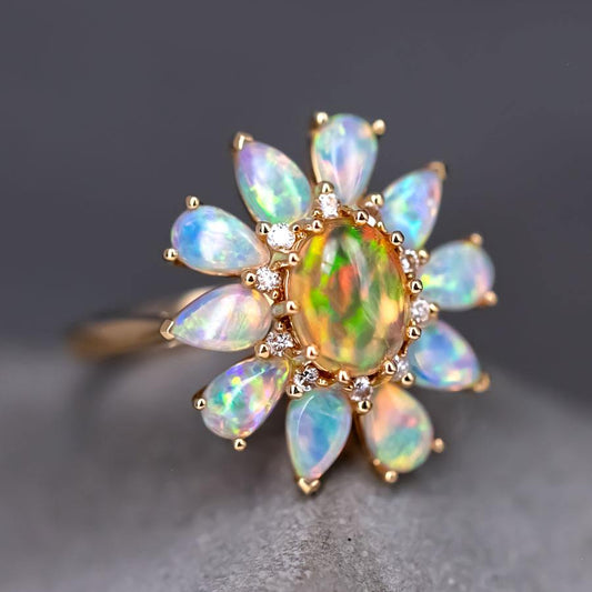 Golden Dahlia – Fire Opal & Australian Opal Floral Diamond Engagement Ring in 18K Yellow Gold
