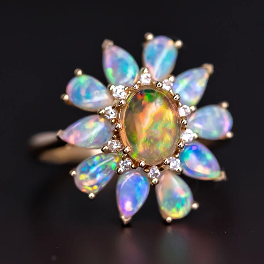 Golden Dahlia – Fire Opal & Australian Opal Floral Diamond Engagement Ring in 18K Yellow Gold