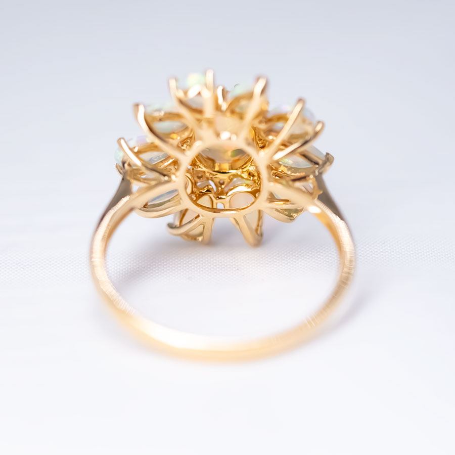 Golden Dahlia – Fire Opal & Australian Opal Floral Diamond Engagement Ring in 18K Yellow Gold