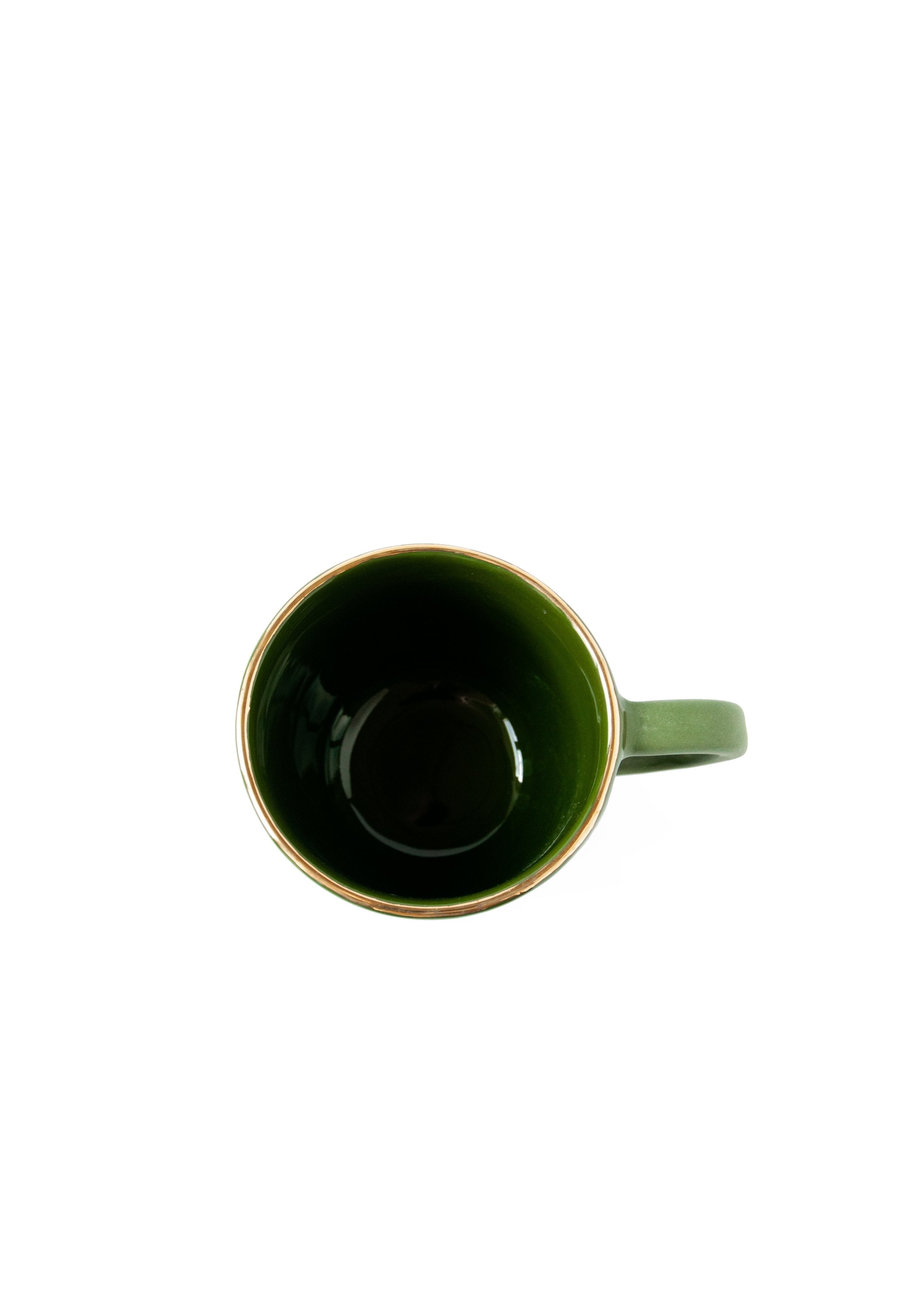 Handmade Porcelain Coffee Mug with Gold Rim. Green