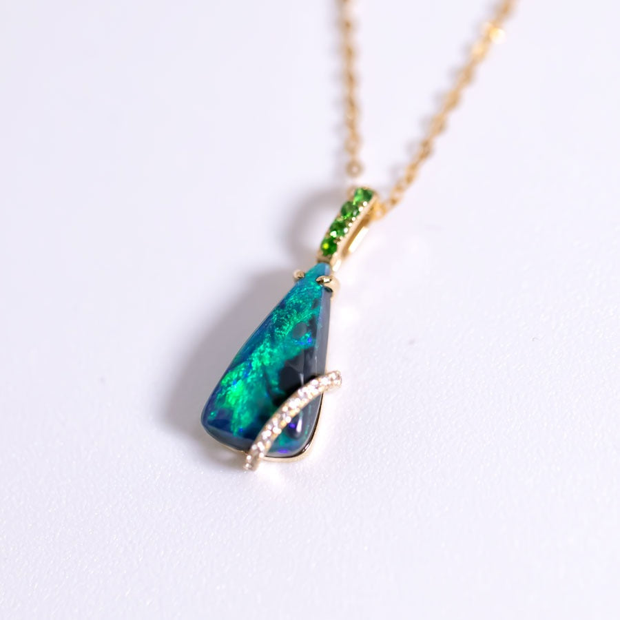 Green Colored Black Opal & Diamond Tsavorite Necklace 18K Yellow Gold