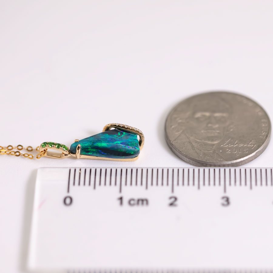 Green Colored Black Opal & Diamond Tsavorite Necklace 18K Yellow Gold