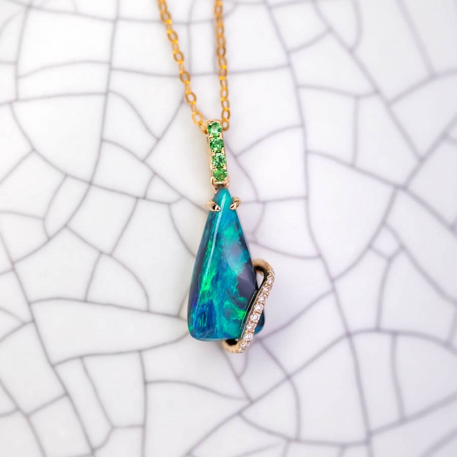 Green Colored Black Opal & Diamond Tsavorite Necklace 18K Yellow Gold