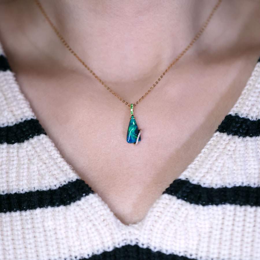 Green Colored Black Opal & Diamond Tsavorite Necklace 18K Yellow Gold