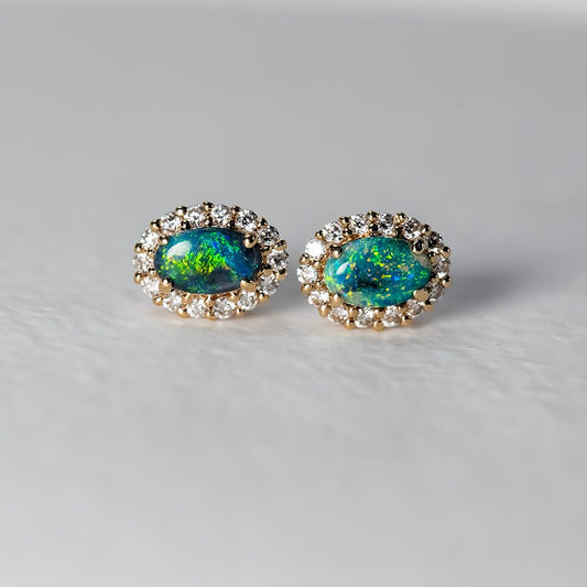 Green Colored Black Opal & Halo Diamond Stud Earrings 14k Yellow Gold