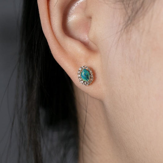 Green Colored Black Opal & Halo Diamond Stud Earrings 14k Yellow Gold