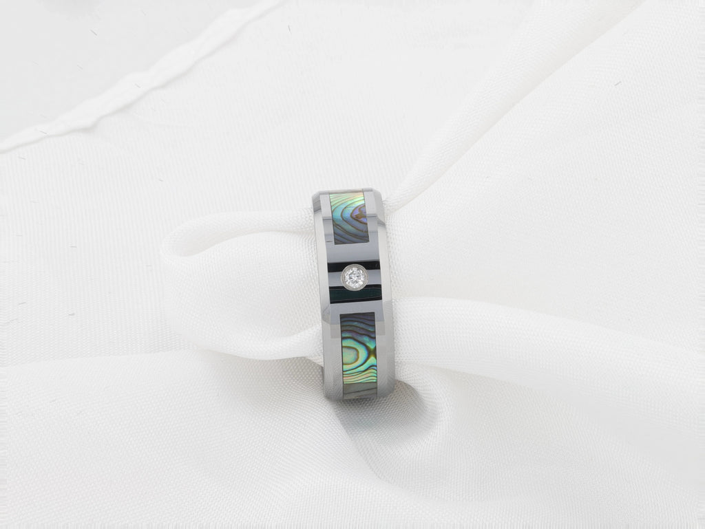 HONOLULU Mother of Pearl Inlay Tungsten Carbide Ring with Beveled Edges and White Diamond - 8mm