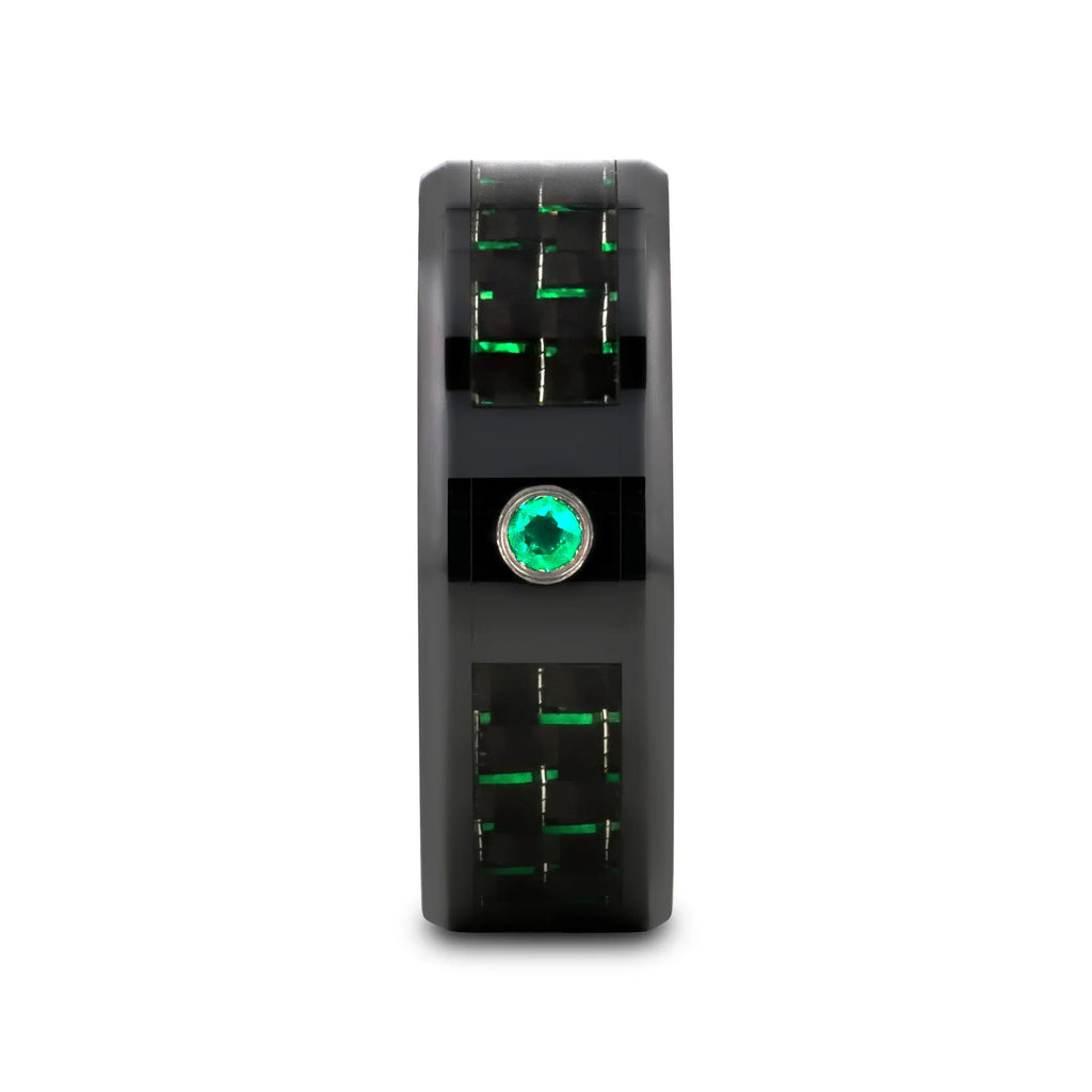 HADAR Black Ceramic Ring with Black and Green Carbon Fiber and Green Emerald Setting - 8mm