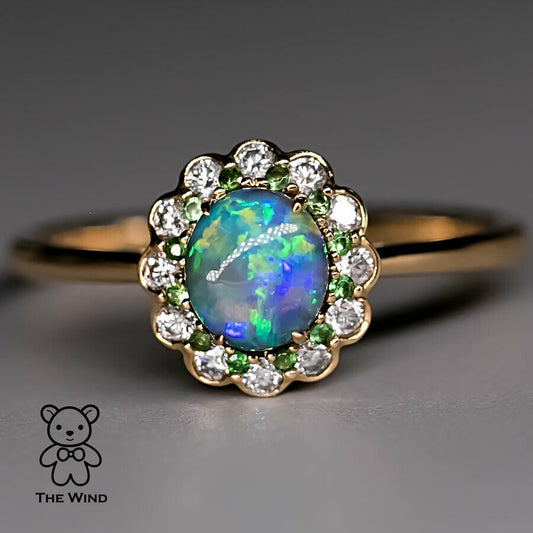 Halo Diamond Australian Semi-Black Opal Tsavorite Engagement Ring 18K Yellow Gold