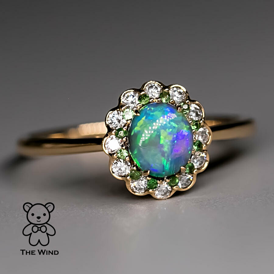 Halo Diamond Australian Semi-Black Opal Tsavorite Engagement Ring 18K Yellow Gold