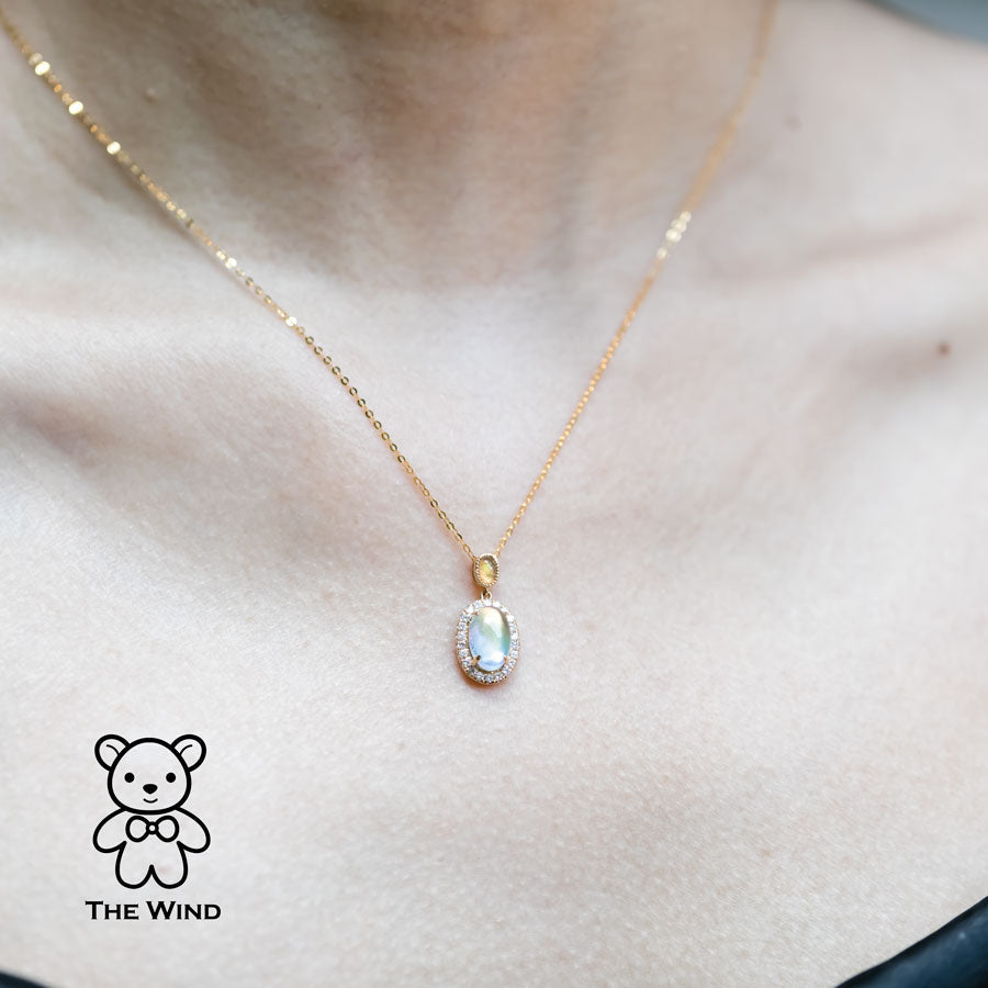 Halo Diamond Blue Sheen Moonstone Fire Opal Pendant Necklace 18k Yellow Gold