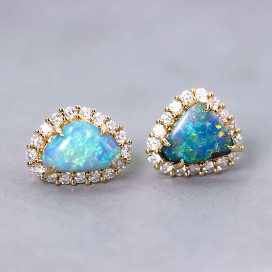Halo Diamond Australian Boulder Opal Stud Earrings 14k Yellow Gold