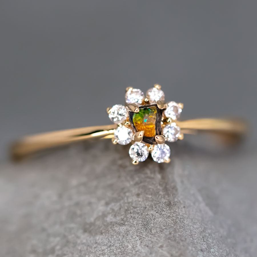 Halo Diamond Boulder Opal Engagement Ring 18K Yellow Gold