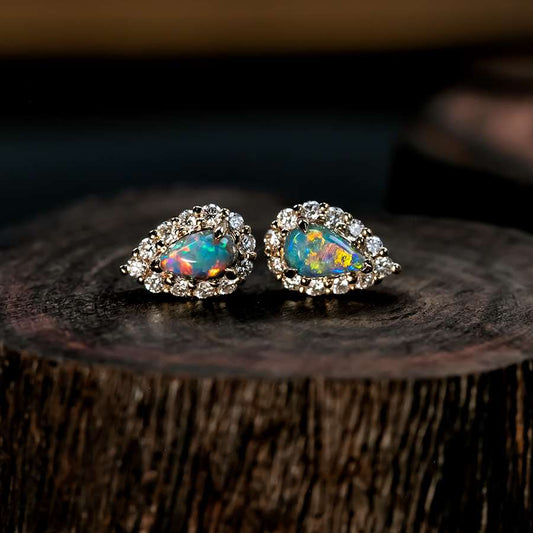 Halo Diamond Pear Shaped Black Opal Stud Earrings 14k Yellow Gold