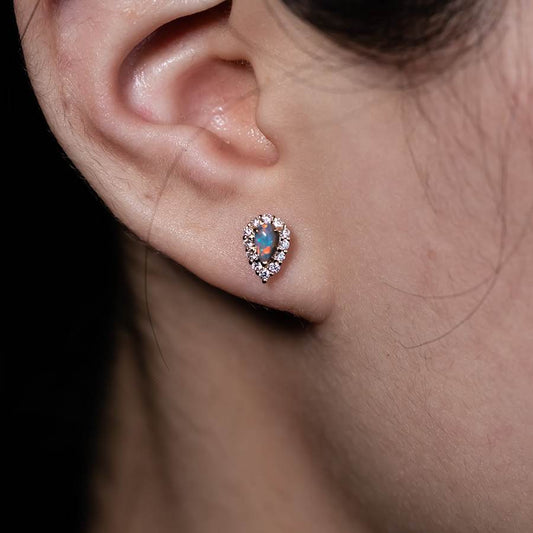 Halo Diamond Pear Shaped Black Opal Stud Earrings 14k Yellow Gold
