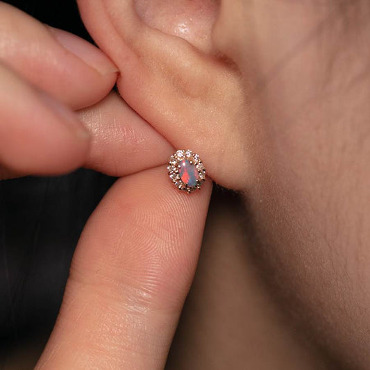 Halo Diamond Stud Earrings with Black Opal 14K Yellow Gold
