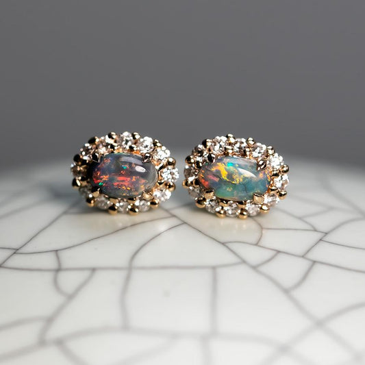 Halo Diamond Stud Earrings with Black Opal 14K Yellow Gold