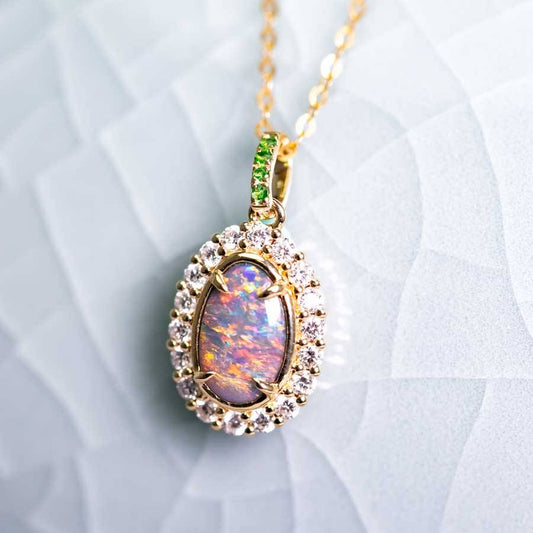 Halo Diamond Tsavorite Australian Black Opal Necklace 18k Yellow Gold
