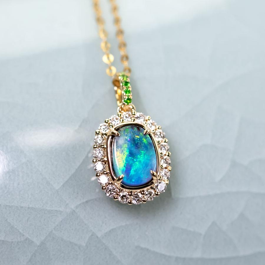 Bright Green Halo Diamond Tsavorite Black Opal Necklace 18k Yellow Gold