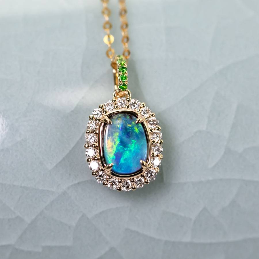 Bright Green Halo Diamond Tsavorite Black Opal Necklace 18k Yellow Gold