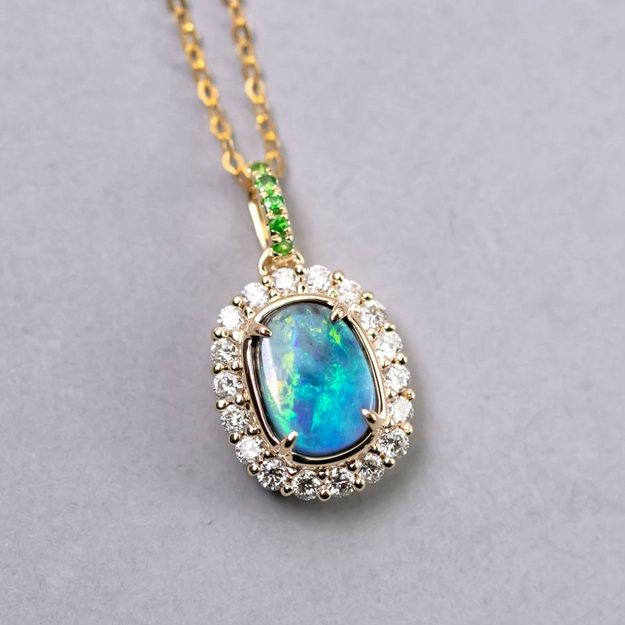 Bright Green Halo Diamond Tsavorite Black Opal Necklace 18k Yellow Gold