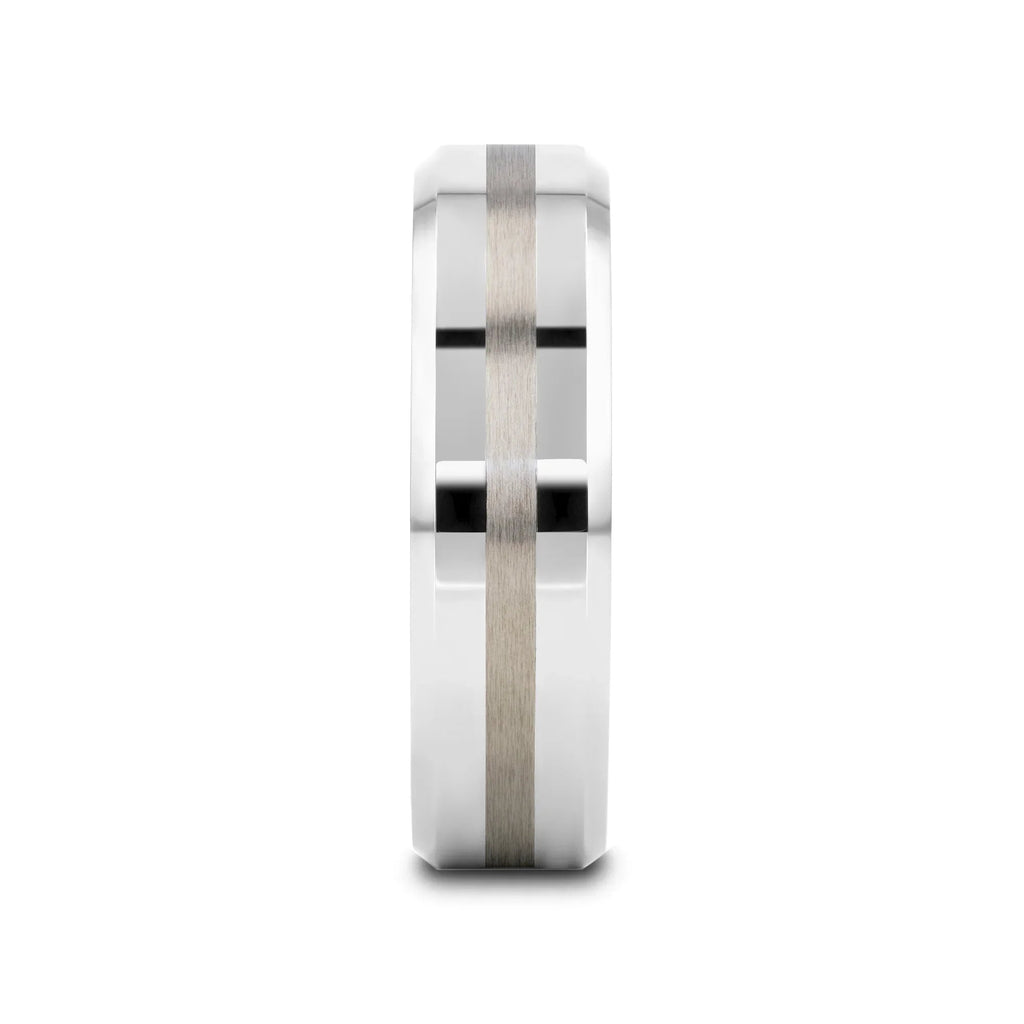 HALSTEN Platinum Inlaid Beveled Tungsten Carbide Wedding Ring - 6mm & 8mm