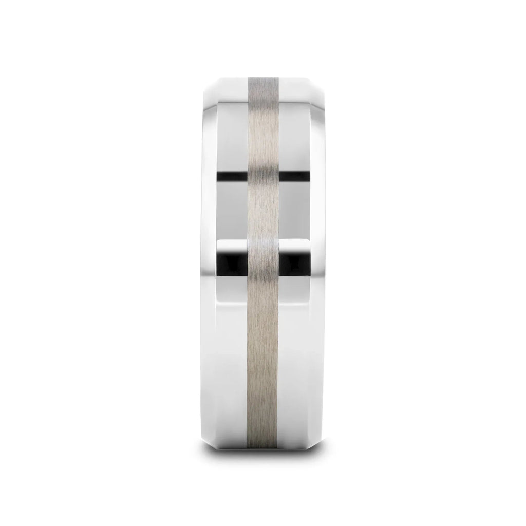 HALSTEN Platinum Inlaid Beveled Tungsten Carbide Wedding Ring - 6mm & 8mm