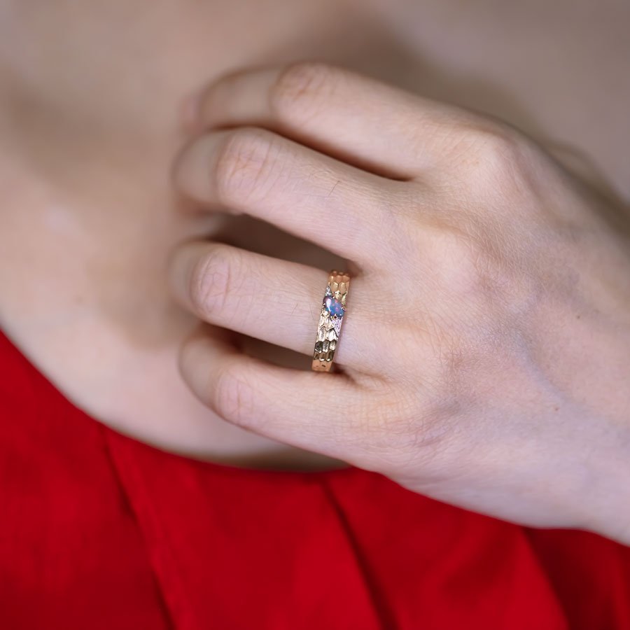 Hammered Finish 18K Gold Black Opal Diamond Engagement Ring