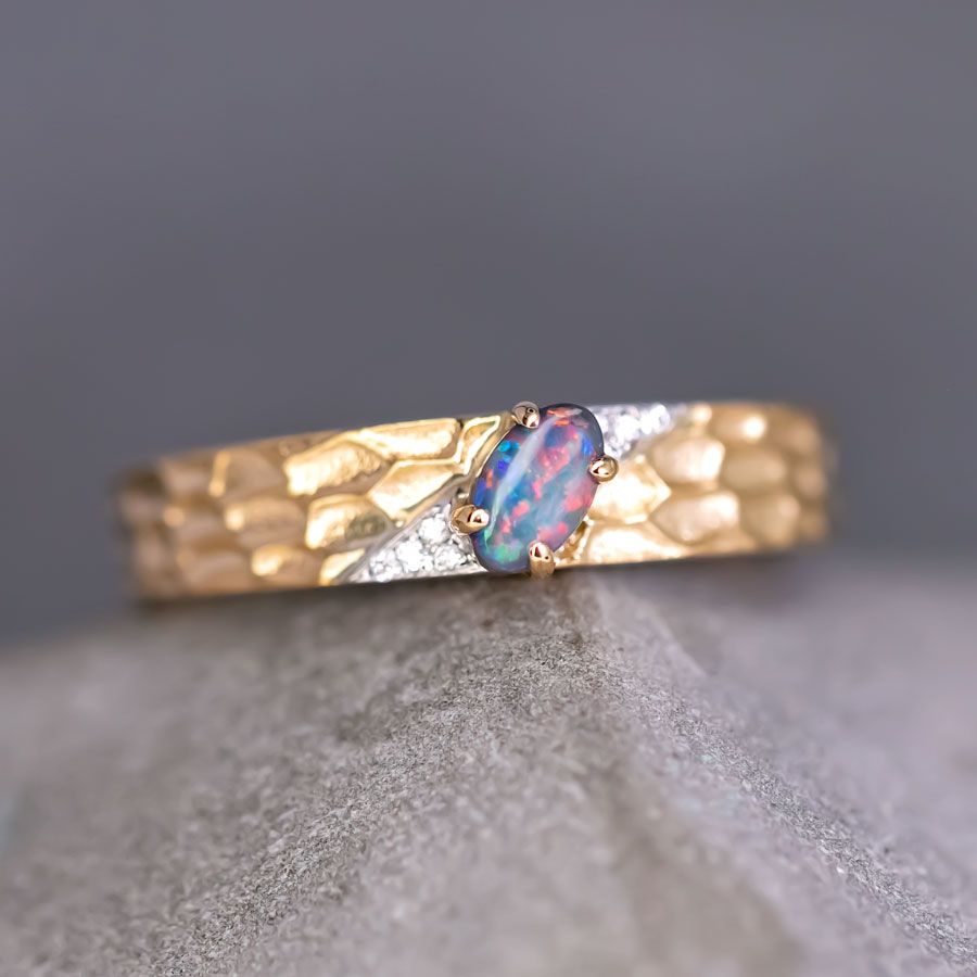 Hammered Finish 18K Gold Black Opal Diamond Engagement Ring