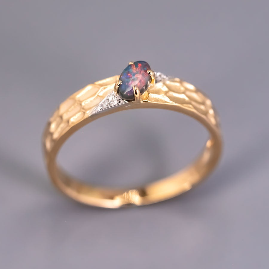 Hammered Finish 18K Gold Black Opal Diamond Engagement Ring