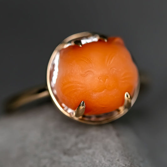 Hand Carved Kitty Cat Fire Opal Engagement Wedding Ring 14K Yellow Gold