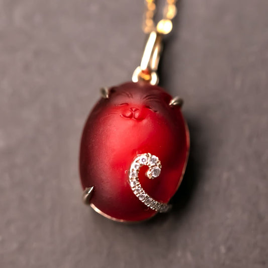 Hand Carved Cat Mexican Egg Fire Opal, Diamond Tail Necklace 18K Yellow Gold