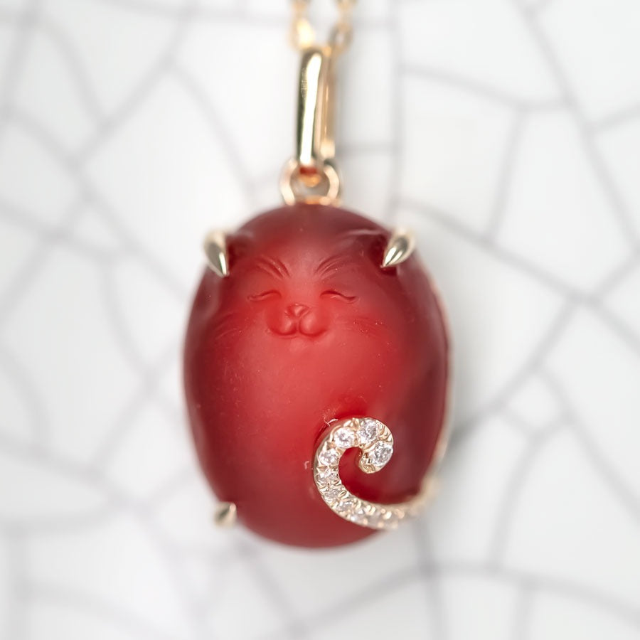 Hand Carved Cat Mexican Egg Fire Opal, Diamond Tail Necklace 18K Yellow Gold