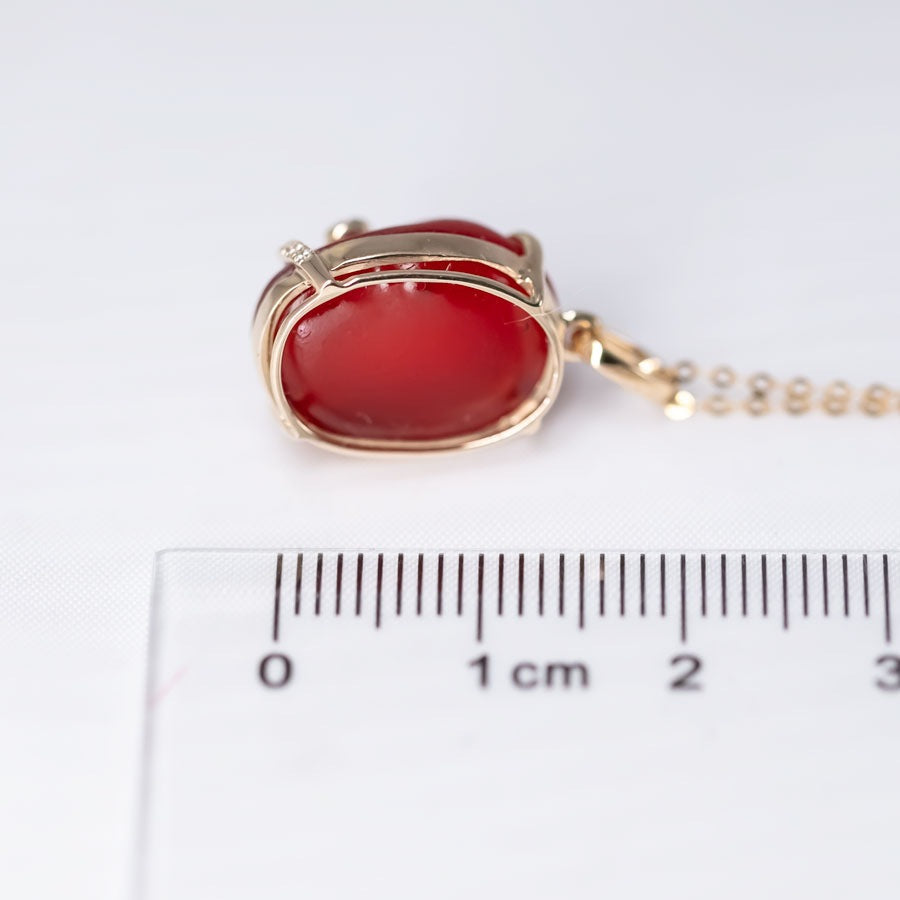 Hand Carved Cat Mexican Egg Fire Opal, Diamond Tail Necklace 18K Yellow Gold