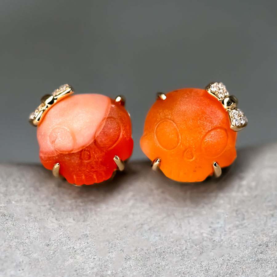 Hand Carved Skull with Diamond Bows Fire Opal Stud Earrings 18k Gold
