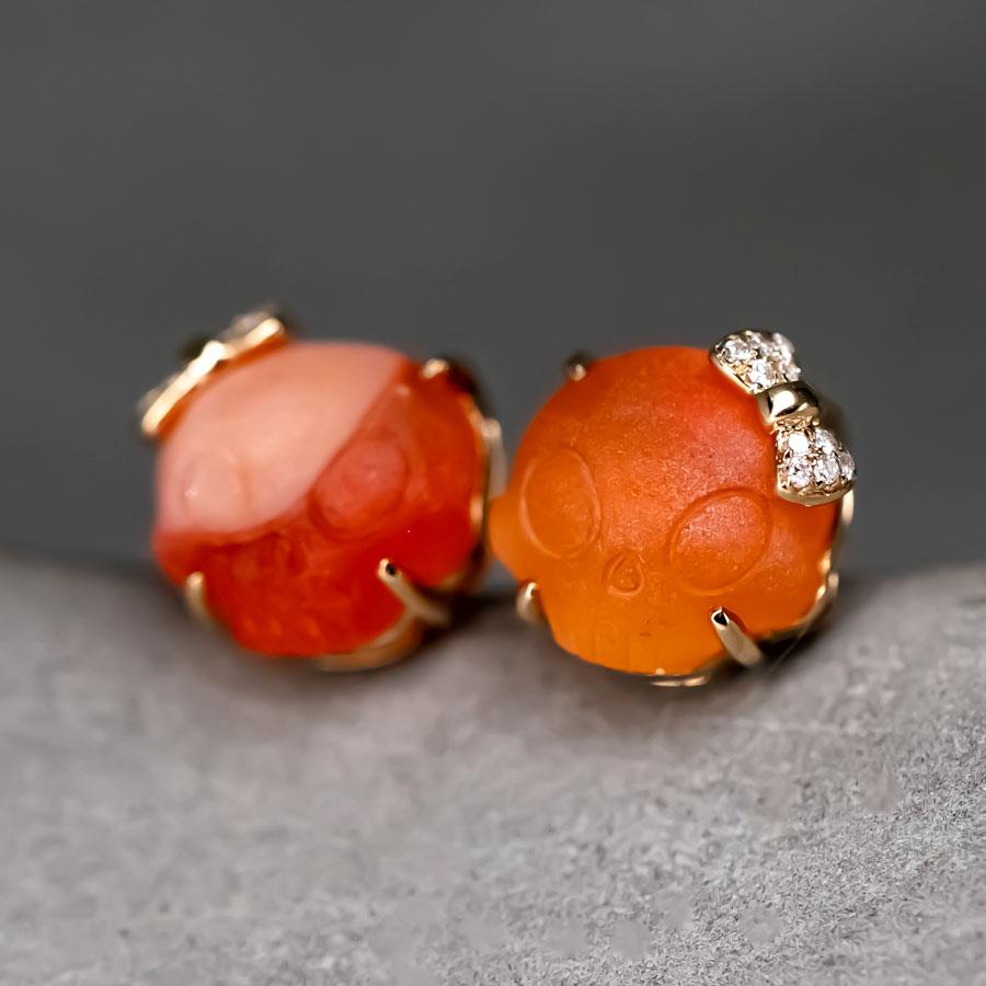 Hand Carved Skull with Diamond Bows Fire Opal Stud Earrings 18k Gold