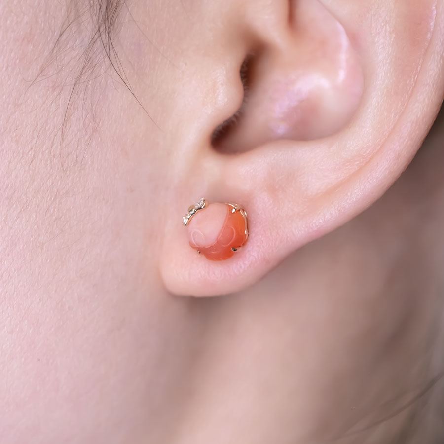 Hand Carved Skull with Diamond Bows Fire Opal Stud Earrings 18k Gold